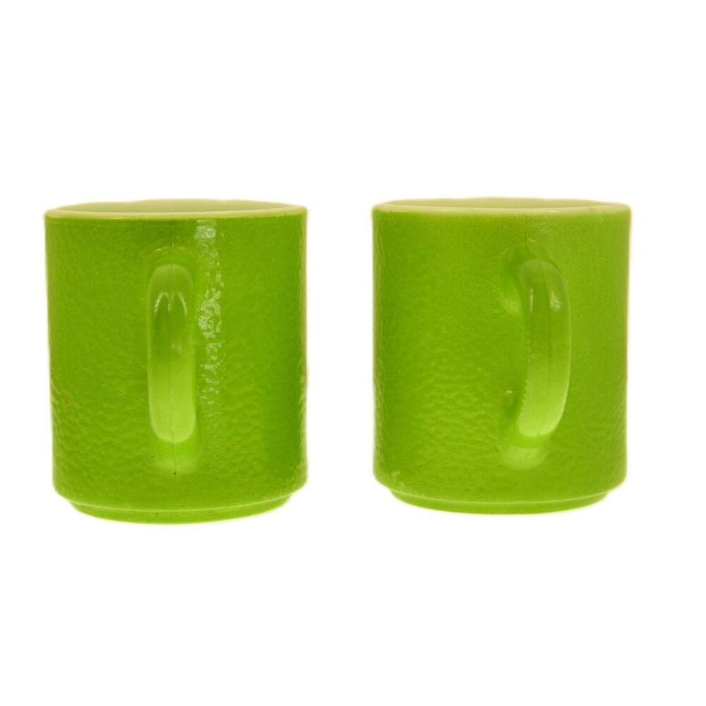 set of 2 Vintage 1960's GREEN orange peel D Handle Milk Glass Coffee Tea Mugs